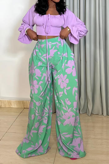 casual plus size non-stretch printed crop top high waist wide leg pants set