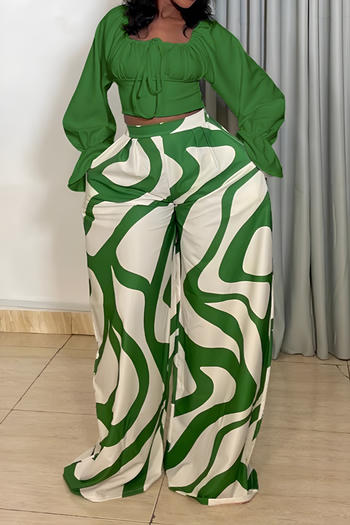 casual plus size non-stretch printed crop top high waist wide leg pants set #1