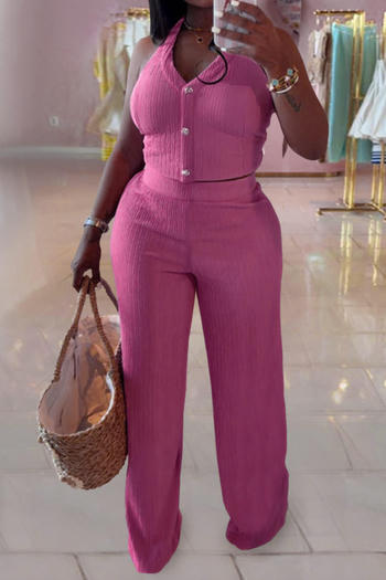 casual plus size stretch wrinkle fabric halter neck backless vest pants set