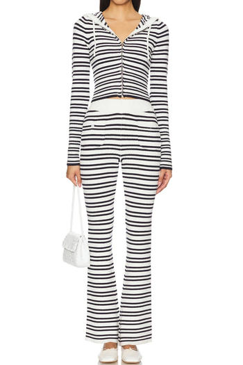 casual slight stretch knit striped slim-fit hooded top and pants set