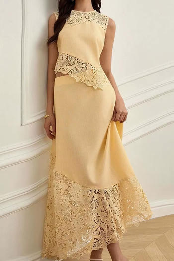 sexy non-stretch stitching lace zip-up maxi skirt sets