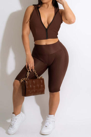 casual slight stretch slim fit zip-up hooded vest pleated shorts set