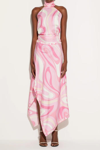 casual non-stretch printed satin halter neck backless vest maxi skirt set