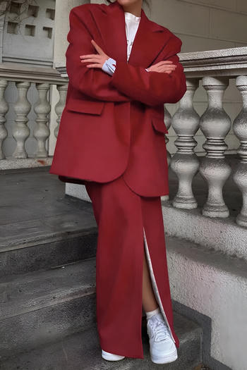stylish office lady non-stretch pure colour blazer & split maxi skirt set