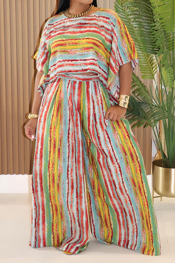 casual plus size non-stretch multicolor striped print top wide-leg pants set