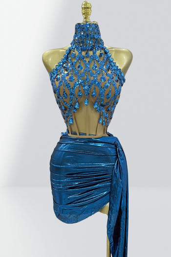 sexy slight stretch see-through top rhinestones decor mini pleated skirt set