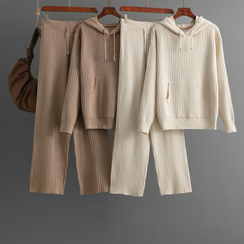 casual high stretch solid color knitted hooded thin sweater and pants set