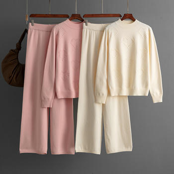 casual high stretch solid color knitted jacquard heart thin sweater pants set