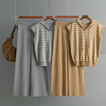 casual high stretch knit striped sleeveless hooded top high-waisted pants set