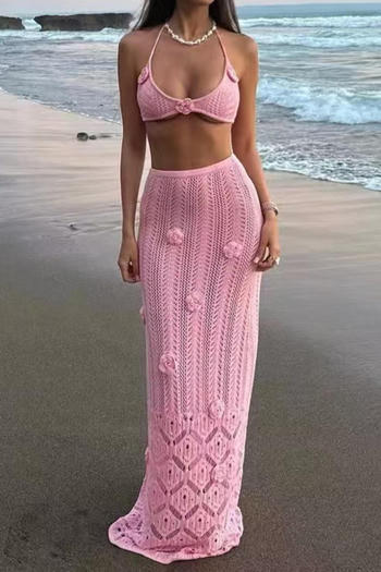 sexy slight stretch solid color knitted slim fit flower decor maxi skirt set size run small