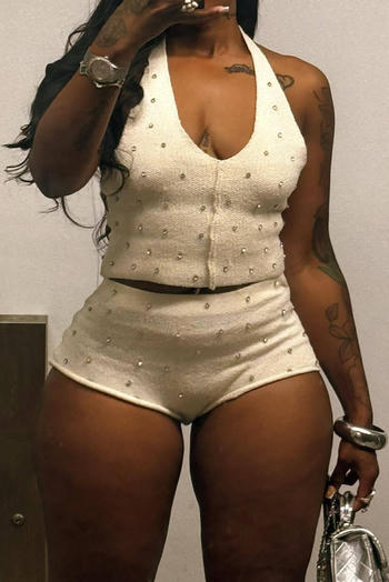 casual slight stretch solid color rhinestone decor slim crop vest shorts set
