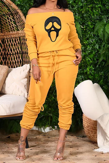 casual plus size high stretch one-shoulder skull print pants set