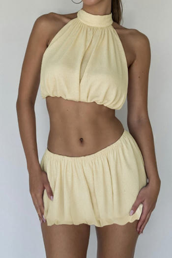 sexy slight stretch halter-neck mesh solid color mini skirt sets