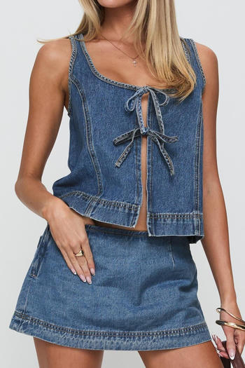 casual non-stretch solid color lace-up denim vest mini skirt set
