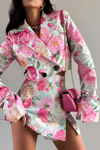 stylish office lady non-stretch floral print shoulder padded blazer & skirt set