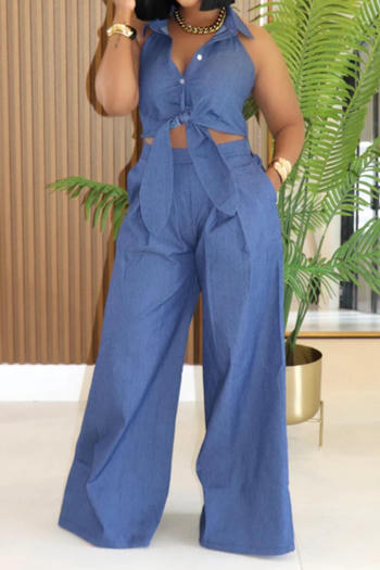 casual plus size non-stretch solid color denim vest loose wide-leg pants set