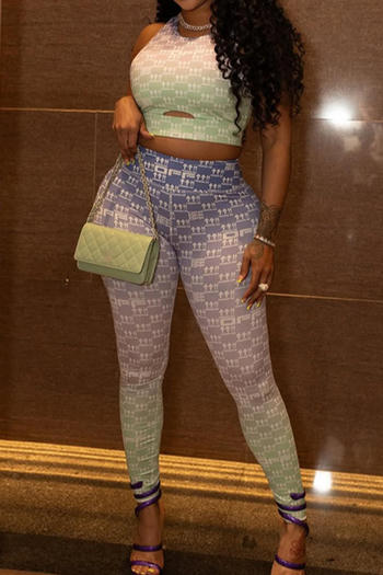 casual slight stretch gradient color printed crop vest high waist leggings set