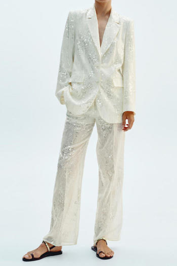 casual non-stretch sequin decor suit collar pants sets