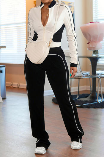 casual plus size slight stretch contrast color zip-up cardigan pants set