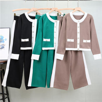 casual slight stretch contrast color knitted cardigan straight-leg pants set