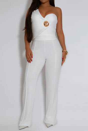 casual plus size slight stretch one shoulder slim vest high waist pants set