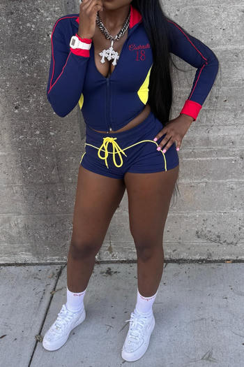 casual plus size slight stretch contrast color embroidery letter slim shorts set