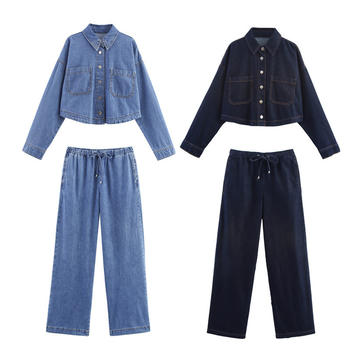 casual non-stretch denim lapel drawstring loose pants sets