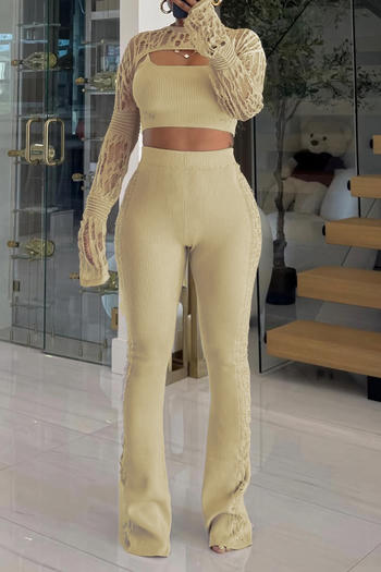 casual plus size slight stretch solid color knitted high waist three-piece set