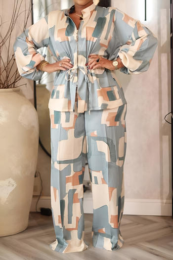 casual plus size non-stretch zip-up drawstring batch printing pants set