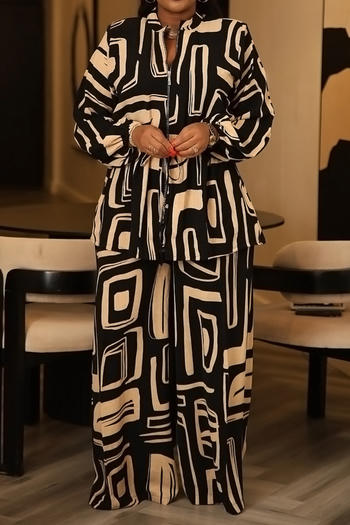 casual plus size non-stretch zip-up drawstring batch printing pants set #1