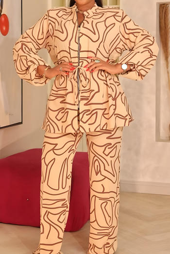 Casual plus size non-stretch zip-up drawstring batch printing pants set #2