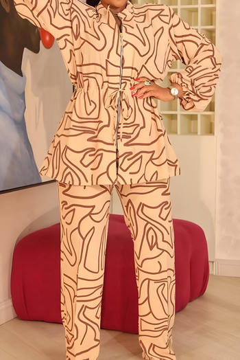 Casual plus size non-stretch zip-up drawstring batch printing pants set #2