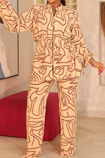 Casual plus size non-stretch zip-up drawstring batch printing pants set #2