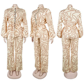 Casual plus size non-stretch zip-up drawstring batch printing pants set #2