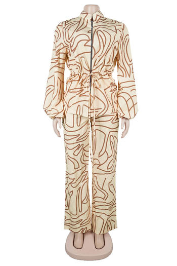 Casual plus size non-stretch zip-up drawstring batch printing pants set #2