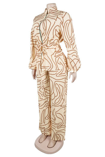 Casual plus size non-stretch zip-up drawstring batch printing pants set #2