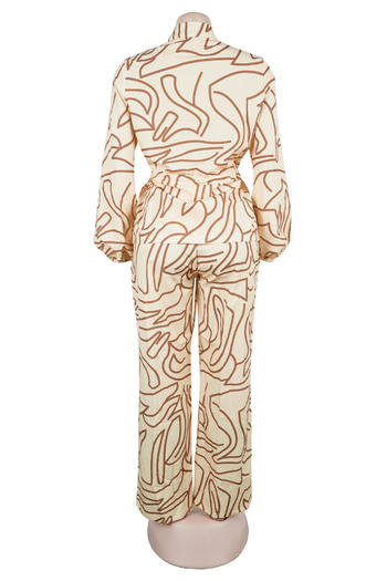 Casual plus size non-stretch zip-up drawstring batch printing pants set #2