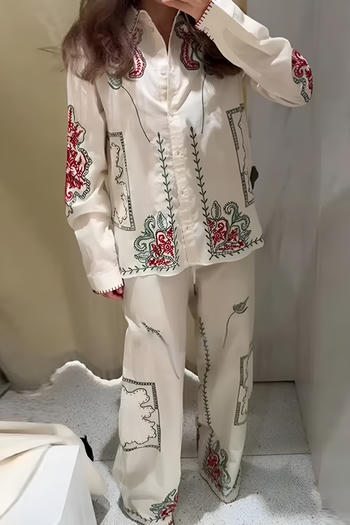 casual non-stretch embroidery decor lapel pants sets