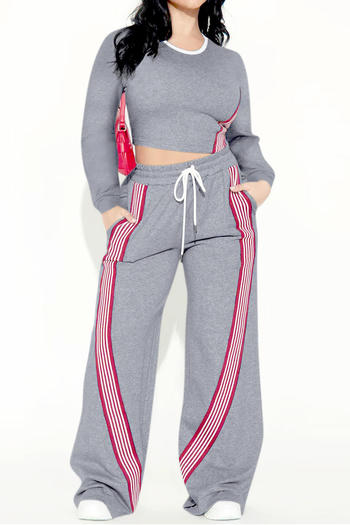 casual plus size slight stretch 5-colors striped print high-waist pants set