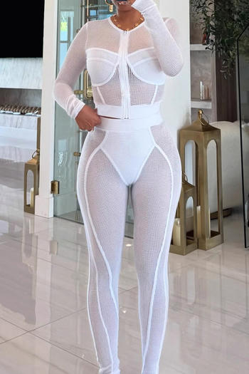 sexy plus size slight stretch see-through mesh zip-up outerwear leggings set
