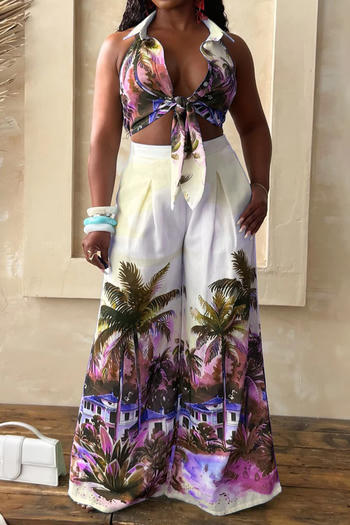 casual plus size non-stretch printed crop top high waist wide-leg pants set
