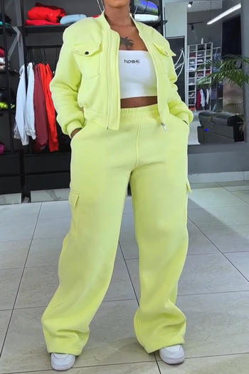 casual plus size slight stretch fleece sweatshirt multi-pocket pants set