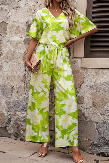 casual plus size slight stretch floral print short sleeve wide leg pants set