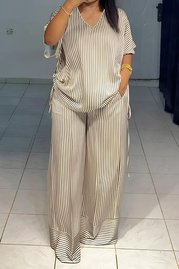 casual plus size non-stretch striped print drawstring top wide-leg pants set