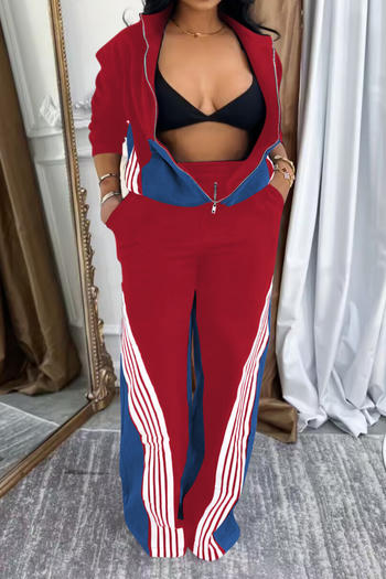 casual plus size slight stretch contrast color zip-up top high waist pants set