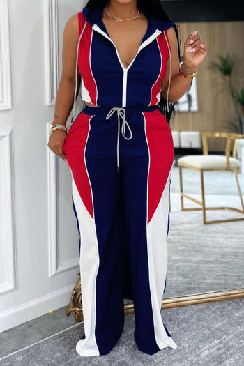 casual plus size slight stretch contrast color hooded vest high waist pants set