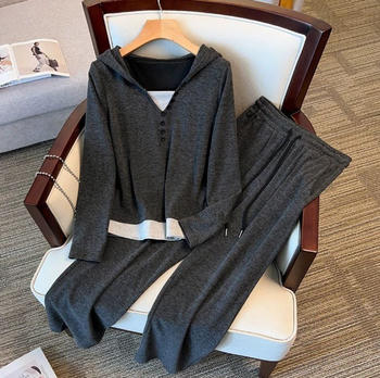 casual plus size slight stretch hooded top loose wide-leg pants set