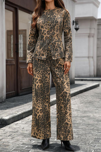 casual non-stretch leopard print slim-fit long-sleeved top and jeans set