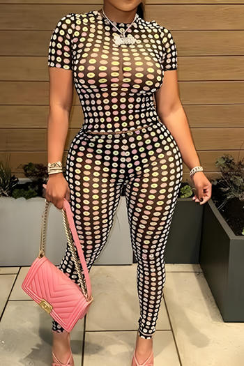 Sexy slight stretch colorful polka dot printed mesh slim pants set