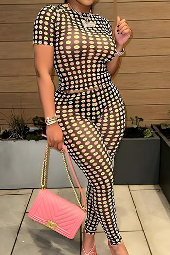 Sexy slight stretch colorful polka dot printed mesh slim pants set